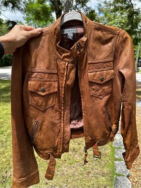 Vintage Lucky Brand Tan Leather Motorcycle Jacket